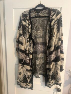 Lucky Brand Black & Cream Aztec Open-Front Cardigan